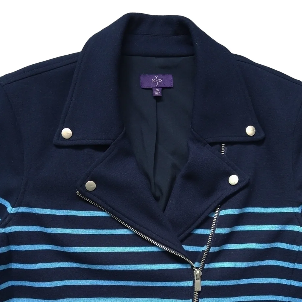 NYDJ Navy Blue Stripe Ponte Knit Moto Jacket Zip Pockets Preppy Modern Nautical